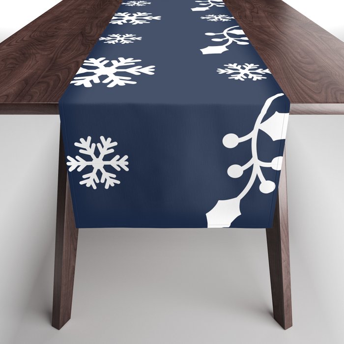 Christmas Pattern White Navy Blue Floral Snowflake Table Runner