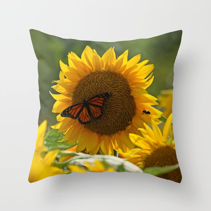 The butterfly the bee and the sunflower Throw Pillow