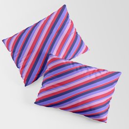[ Thumbnail: Midnight Blue, Medium Slate Blue, Plum & Crimson Colored Stripes/Lines Pattern Pillow Sham ]