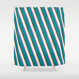 [ Thumbnail: Beige, Orchid, Dark Cyan, and Maroon Colored Striped/Lined Pattern Shower Curtain ]