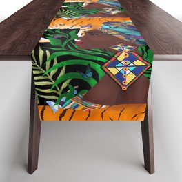 African woman,tiger,exotic pattern,black background  Table Runner