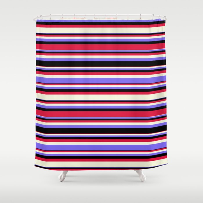 Beige, Medium Slate Blue, Black, and Crimson Colored Pattern of Stripes Shower Curtain