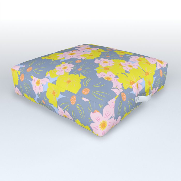 Pastel Spring Flowers on Sky Blue Outdoor Floor Cushion