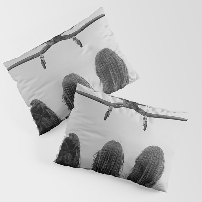 Sisters stand united; airplane coming in for a landing head on at three women sisterhood girl power black and white photograph - photography - photographs Pillow Sham