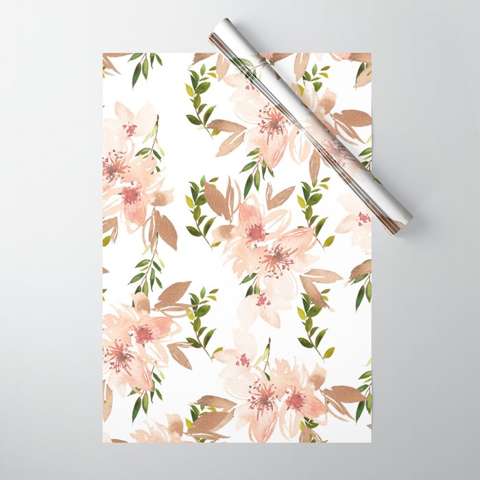 Hand painted coral white forest green watercolor floral Wrapping