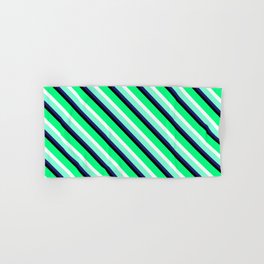 [ Thumbnail: Eyecatching Green, White, Aquamarine, Midnight Blue & Black Colored Stripes Pattern Hand & Bath Towel ]