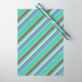 [ Thumbnail: Cornflower Blue, Powder Blue, Sienna & Green Colored Striped Pattern Wrapping Paper ]