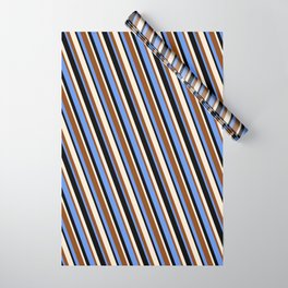 [ Thumbnail: Brown, Cornflower Blue, Black, and Beige Colored Lines/Stripes Pattern Wrapping Paper ]