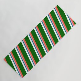 [ Thumbnail: Vibrant Red, Dark Green, White, Teal & Plum Colored Striped Pattern Yoga Mat ]