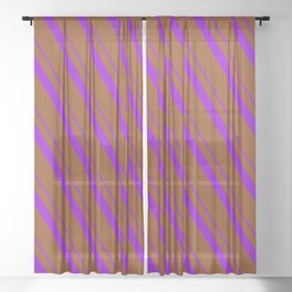 [ Thumbnail: Dark Violet and Brown Colored Striped/Lined Pattern Sheer Curtain ]