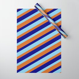 [ Thumbnail: Blue, Sky Blue, and Chocolate Colored Stripes Pattern Wrapping Paper ]