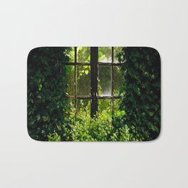 Green idyllic overgrown cottage garden window Bath Mat | Romantic, Garden, Lush, Cottategarden, Climbingplants, Secretgarden, Photo, Green, Overgrown, Window 
