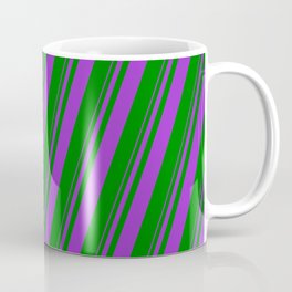 [ Thumbnail: Dark Orchid & Green Colored Lined/Striped Pattern Coffee Mug ]