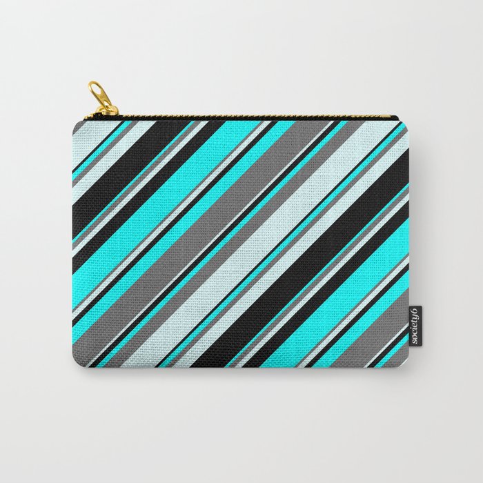 Aqua, Dim Gray, Light Cyan & Black Colored Lines/Stripes Pattern Carry-All Pouch