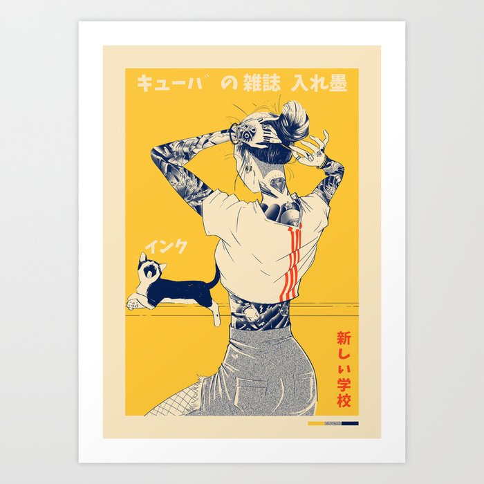 La Tinta! Kunstdrucke | Drawing, Digital, Mädchen, Katze, Tattoo, Japan, Kanji, Poster, Yellow, Hair