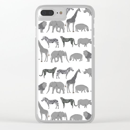 Safari animals minimal grey and white zebra giraffe cheetah hippo rhino nursery Clear iPhone Case