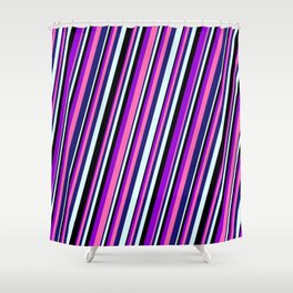 [ Thumbnail: Dark Violet, Hot Pink, Midnight Blue, Light Cyan & Black Colored Lined/Striped Pattern Shower Curtain ]