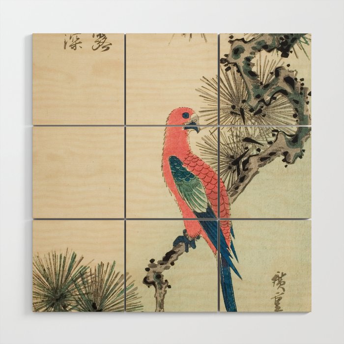 Macaw on a pine branch - Utagawa Hiroshige Wood Wall Art