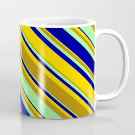 [ Thumbnail: Yellow, Dark Goldenrod, Green & Dark Blue Colored Lined/Striped Pattern Coffee Mug ]