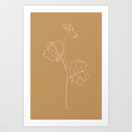 Caramel Sweet Pea / Warm camel brown flower drawing in one continuous line / Explicit Design Art Print
