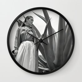 Frida Kahlo and Agave Plant, Black and White, Vintage Art Wall Clock