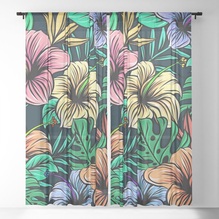 Hawaiian Hibiscus Floral Colorful Pattern Sheer Curtain