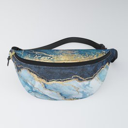 Abstract blue marble texture, gold foil and glitter decor, painted artificial indigo marbled surface, fashion marbling illustration Fanny Pack