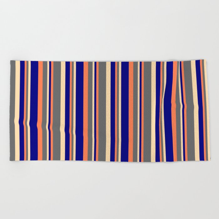 Coral, Dim Gray, Tan & Blue Colored Pattern of Stripes Beach Towel