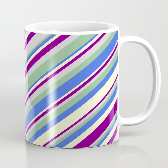 Colorful Light Grey, Dark Sea Green, Royal Blue, Light Yellow & Purple Colored Lined/Striped Pattern Coffee Mug