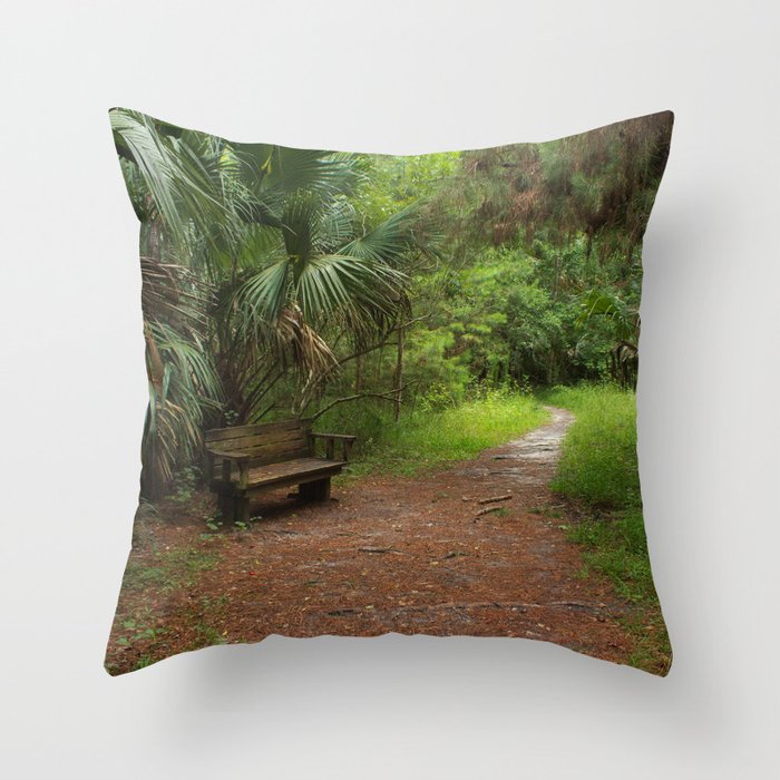 Bench in the Woods Throw Pillow
