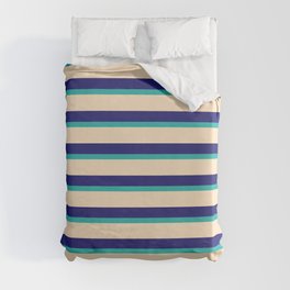 [ Thumbnail: Light Sea Green, Bisque, and Midnight Blue Colored Striped Pattern Duvet Cover ]