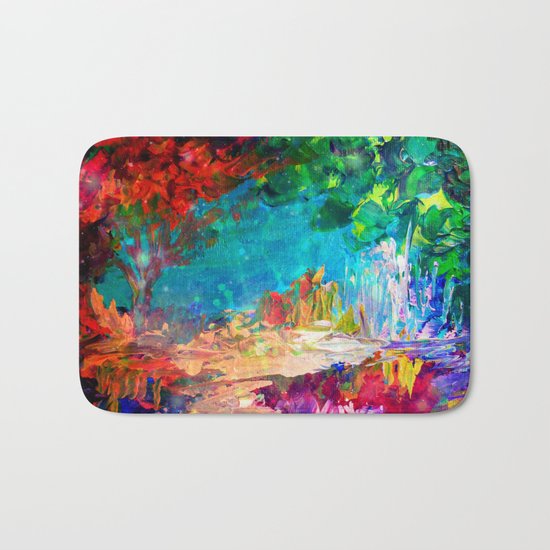 WELCOME TO UTOPIA Bold Rainbow Multicolor Abstract Painting Forest Nature Whimsical Fantasy Fine Art Bath Mat