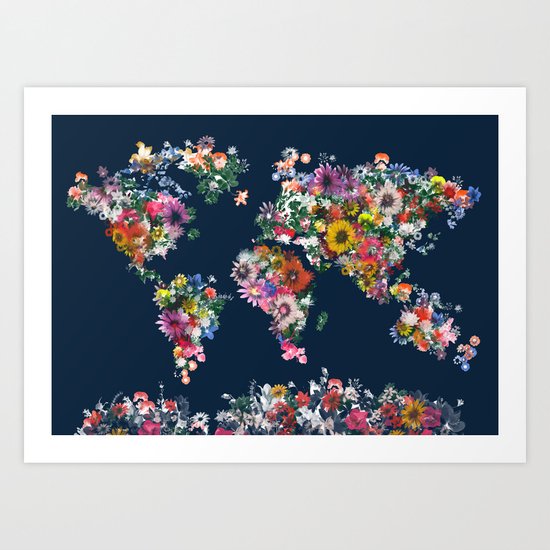 world map floral Art Print