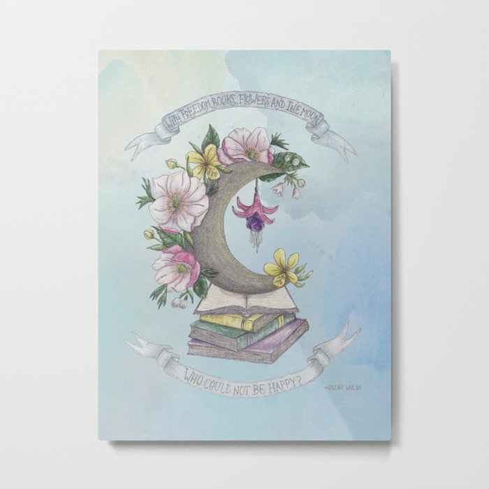 Freedom, Books, Flowers and The Moon Metal Print