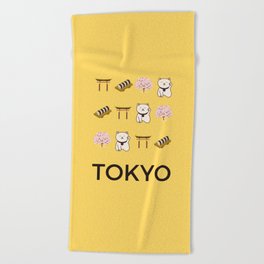 Tokyo Retro Art Vacations Boho Decor Modern Decor Yellow Tones Illustration Beach Towel