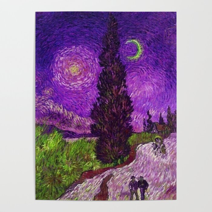 Road with Cypress and Star; Country Road in Provence by Night, oil-on-canvas post-impressionist landscape painting by Vincent van Gogh in alternate purple twilight sky Poster