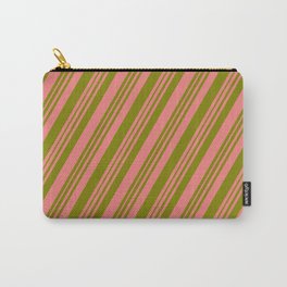 [ Thumbnail: Light Coral & Green Colored Striped/Lined Pattern Carry-All Pouch ]
