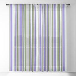 [ Thumbnail: Grey, Slate Blue, Mint Cream & Dark Olive Green Colored Stripes/Lines Pattern Sheer Curtain ]