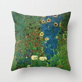 Farm Garden with Sunflowers and blue leaves by Gustav Klimt Throw Pillow