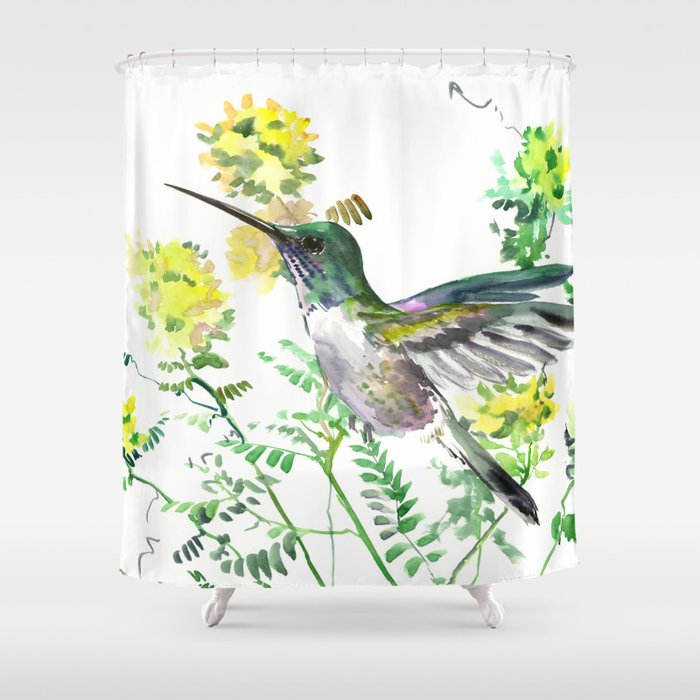 Mmingbird Design Green Yew Hummingbird And Yellow Flowers