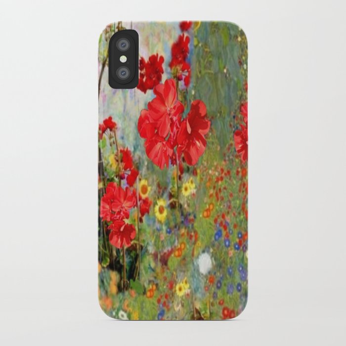 Red Geraniums in Spring Garden Landscape Painting iPhone Case