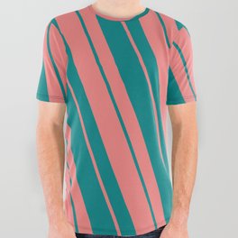 [ Thumbnail: Light Coral & Teal Colored Striped/Lined Pattern All Over Graphic Tee ]