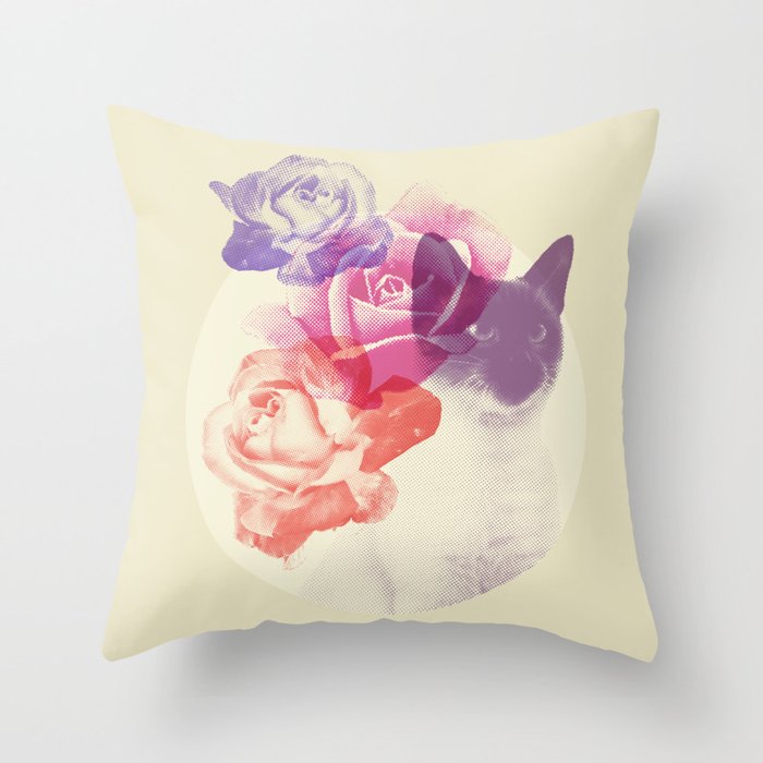 Siamese cat with three roses Throw Pillow