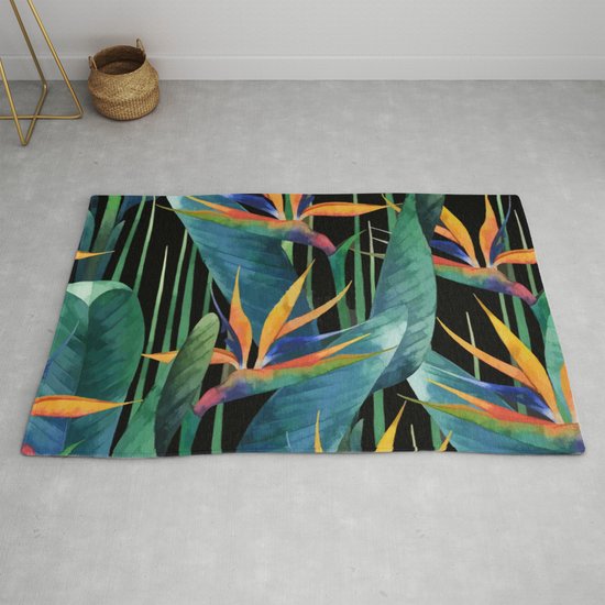 Watercolor Painting Tropical Bird Of Paradise Plants Large Rug By