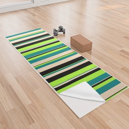 [ Thumbnail: Light Green, Teal, Bisque & Black Colored Lined/Striped Pattern Yoga Towel ]