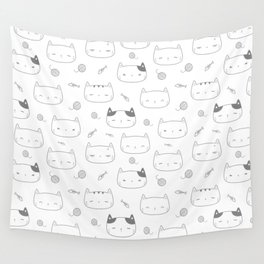 Grey Doodle Kitten Faces Pattern Wall Tapestry