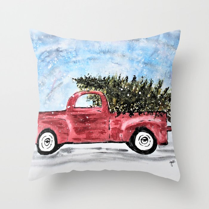 Vintage Red Christmas Truck with Tree Watercolor Throw Pillow by