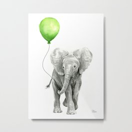 Baby Elephant with Green Balloon Metal Print | Graphic Design, Animalwatercolor, Animal, Graphicdesign, Greenballoon, Illustration, Babyelephant, Elephantwatercolor, Black And White, Children 