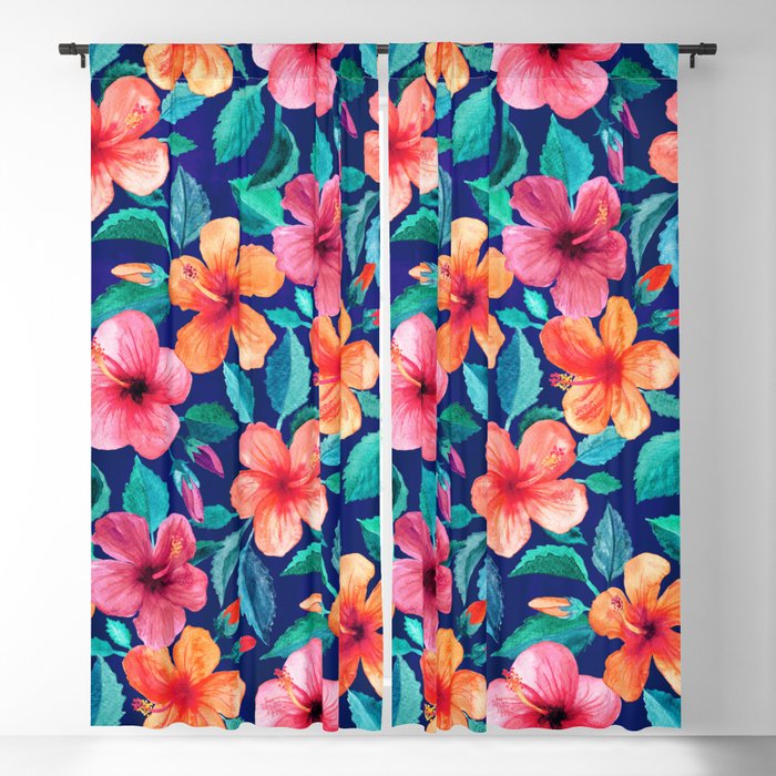 Colorful Watercolor Hibiscus on Indigo Blue Blackout Curtain