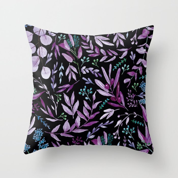 Eucalyptus Leaves Watercolor Pattern Violet Throw Pillow